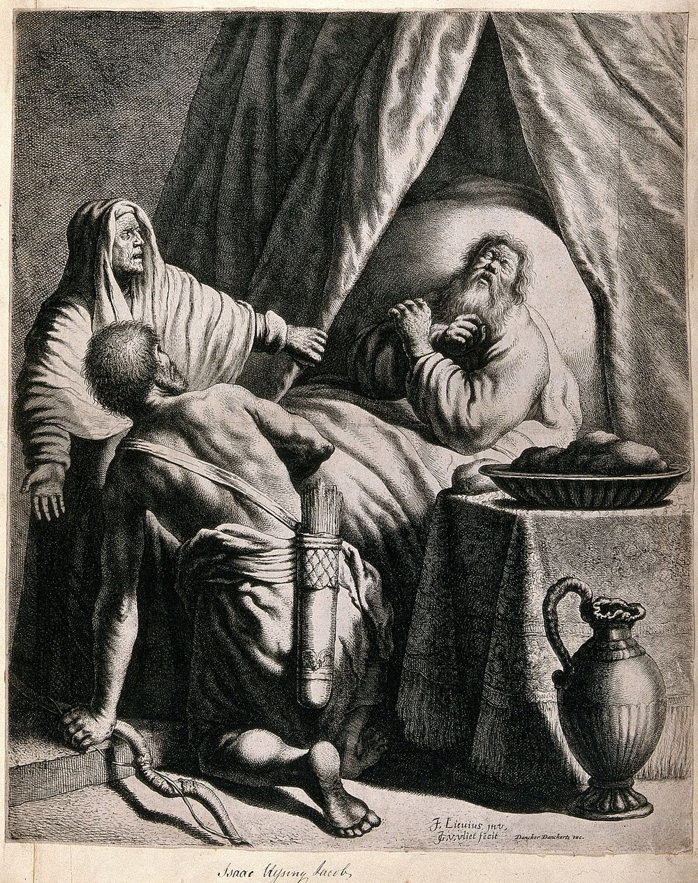 Jacob blessing Isaac. Etching by J.J. van Vliet after J. Lievens.