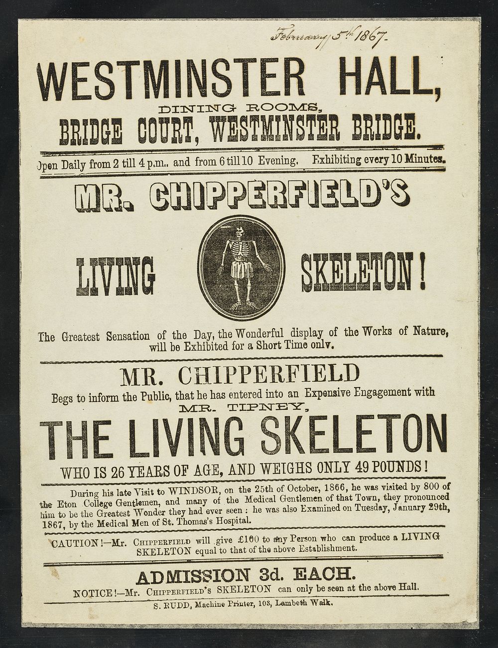 [Undated, illustrated handbill (February 1867) advertising an appearance at Westminster Hall by Robert Tipney, Mr.…