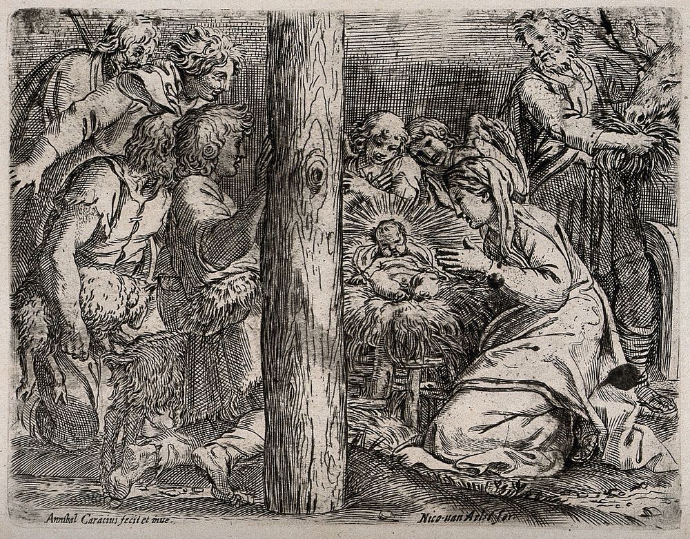 The shepherds observe the newly-born Jesus Christ. Etching by Annibale Carracci, ca. 1606.