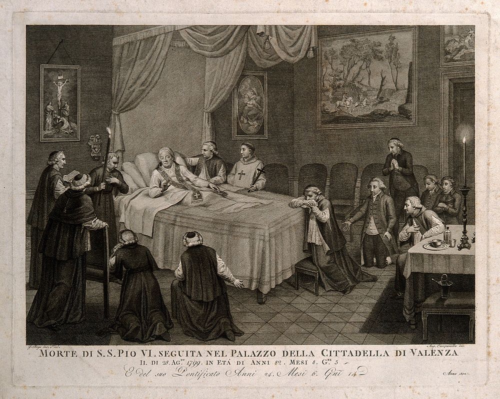The deathbed of Pope Pius VI. Engraving by A. Campanella after J. Beys, 1802.