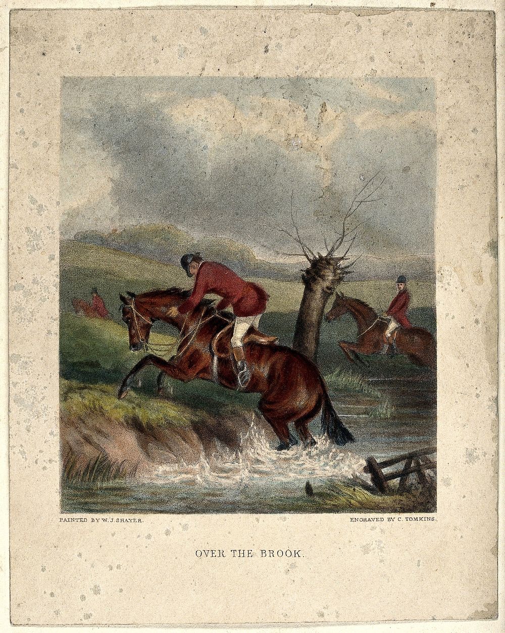 A rider and his horse trying to cross a small stream. Coloured line block after an engraving by C. Tomkins after W. J.…