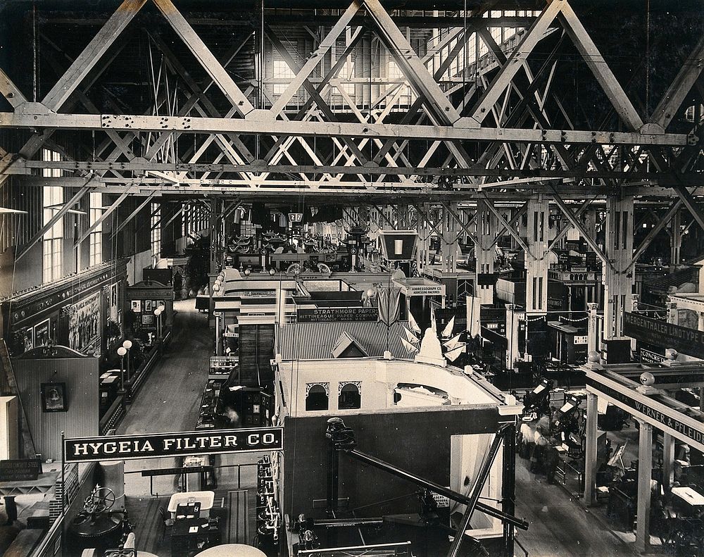 The 1904 World's Fair, St. Louis, Missouri: an exhibition hall showing the Hygeia Filter Company stand: elevated view.…