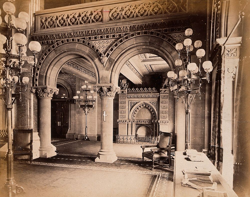New York State Capitol, Albany, New York: interior, a highly ornate room. Photograph, ca. 1880.