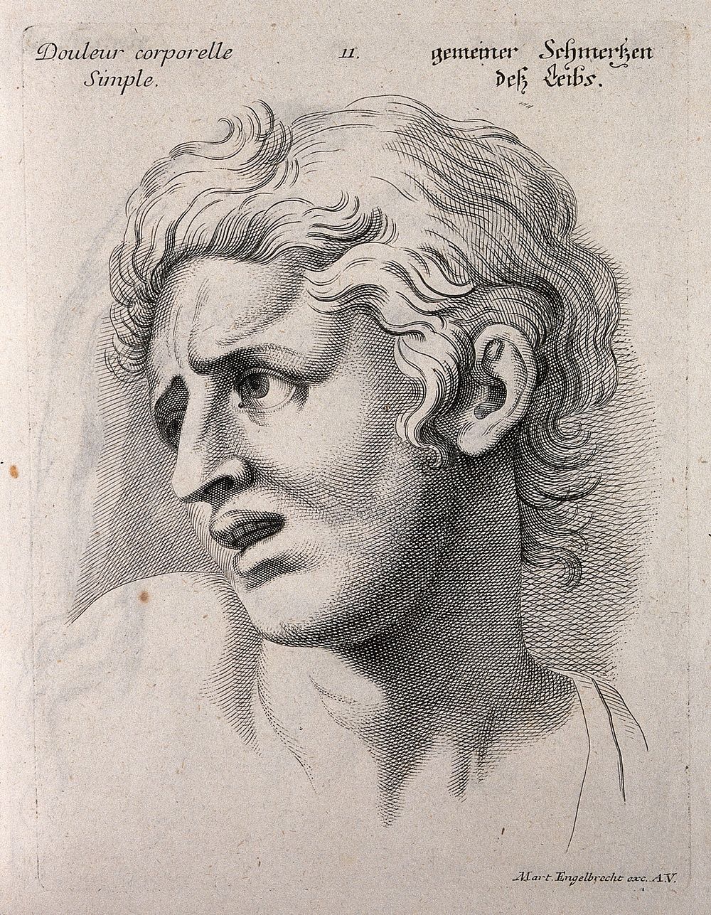 The face of a man expressing simple bodily pain. Engraving by M. Engelbrecht , 1732, after C. Le Brun.
