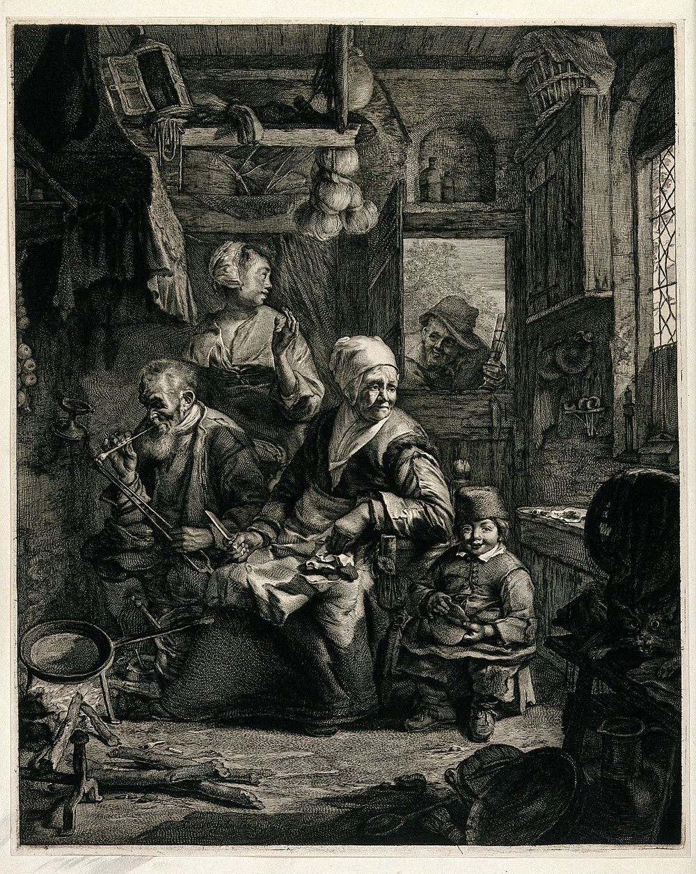 A family seated in a kitchen preparing to cook pancakes, while a man holding a glass looks in at the doorway. Collotype…