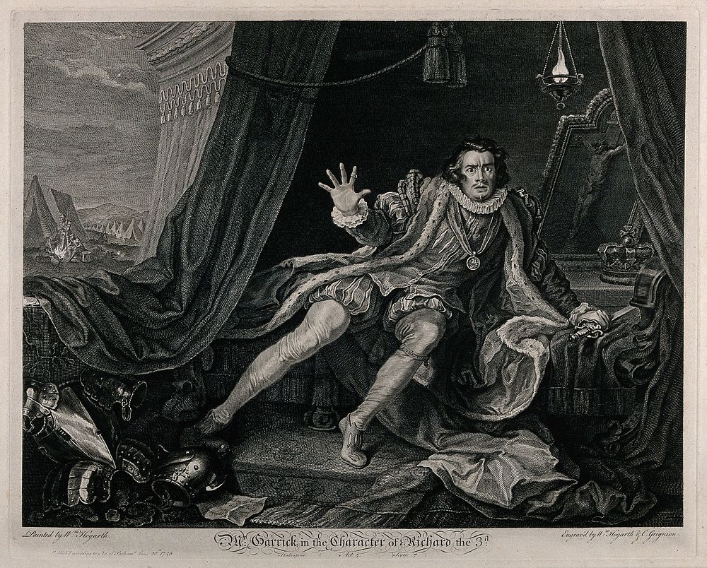 David Garrick in the rôle of Richard III, awakening from his nightmare in the tent with military activities in the…