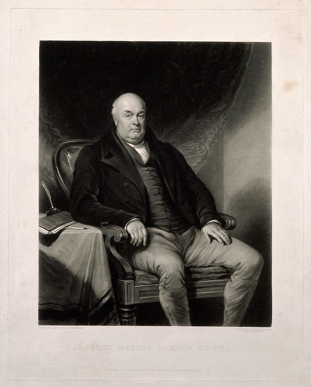 Robert Waring Darwin, seated in an armchair: beside him a letter-book, pen and ink on a table. Mezzotint by T. Lupton, 1839…