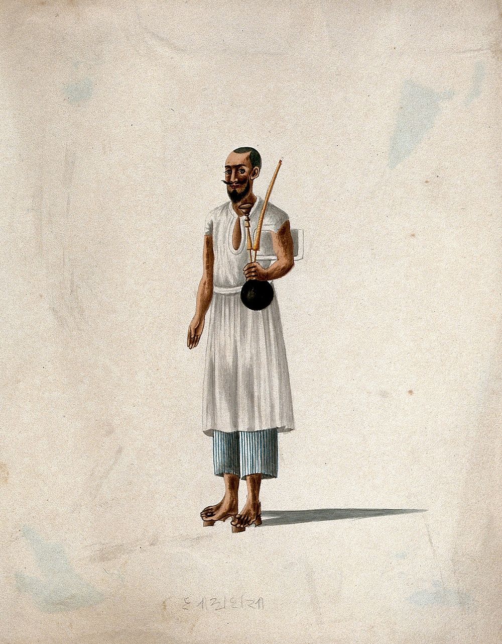 A man carrying a hookah pipe. Gouache painting by an Indian artist.