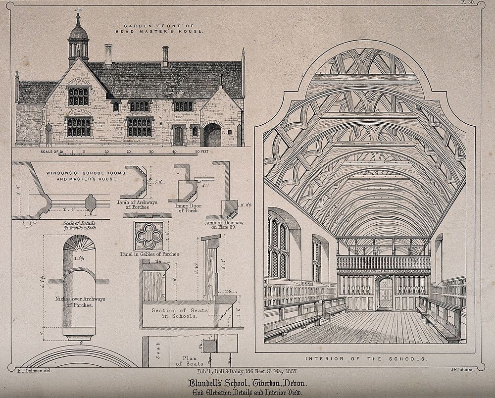 Blundell's School, Tiverton, Devon: with design sketches and key. Transfer lithograph by J.R. Jobbins, 1857, after F.T.…