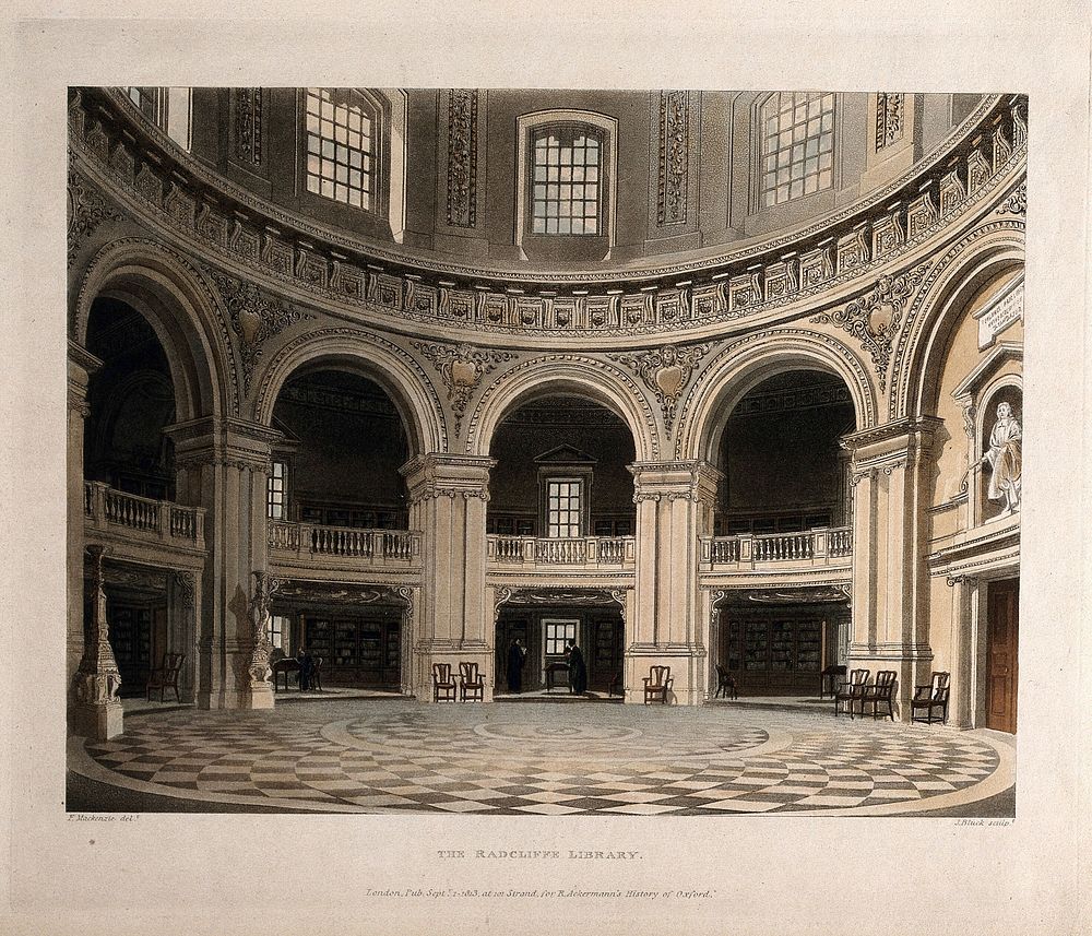 Radcliffe Camera, Oxford: interior of the library showing study areas. Coloured aquatint by J. Bluck, 1813, after F.…
