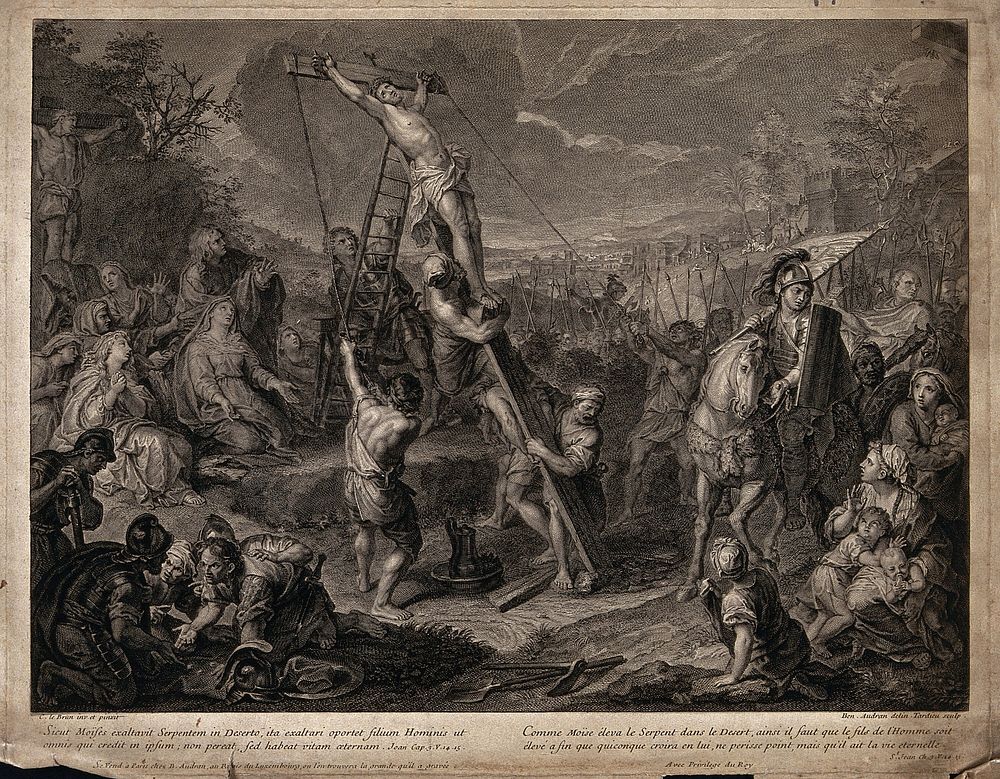 The cross bearing Christ is hoisted up before a multitude of lamenters and soldiers. Engraving by N-H. Tardieu after B.…