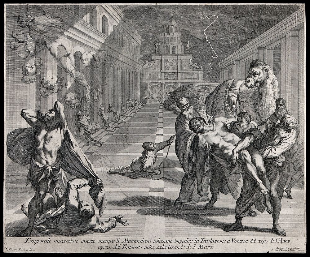 Martyrdom of Saint Mark. Engraving by A. Zucchi after S. Manaigo after J. Tintoretto.