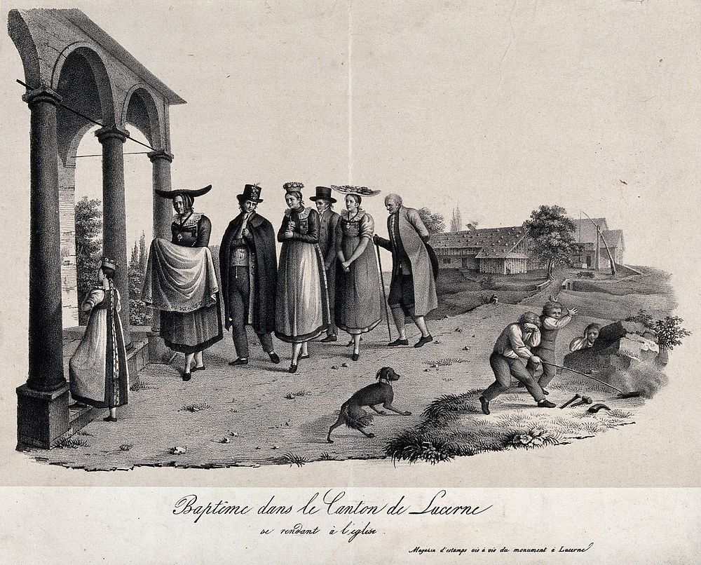 A congregation going to a baptism in the canton of Lucerne, Switzerland. Lithograph.