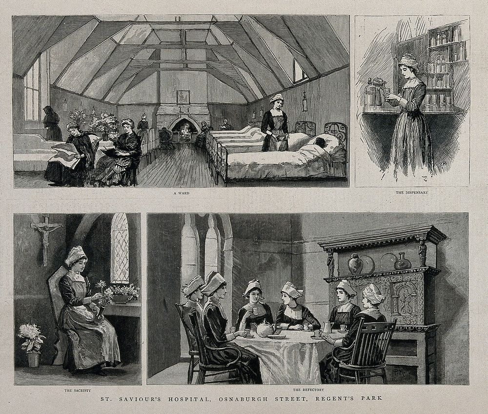 Scenes of nurses at St Saviour's Hospital, Regent's Park, London. Wood engraving, 1886.