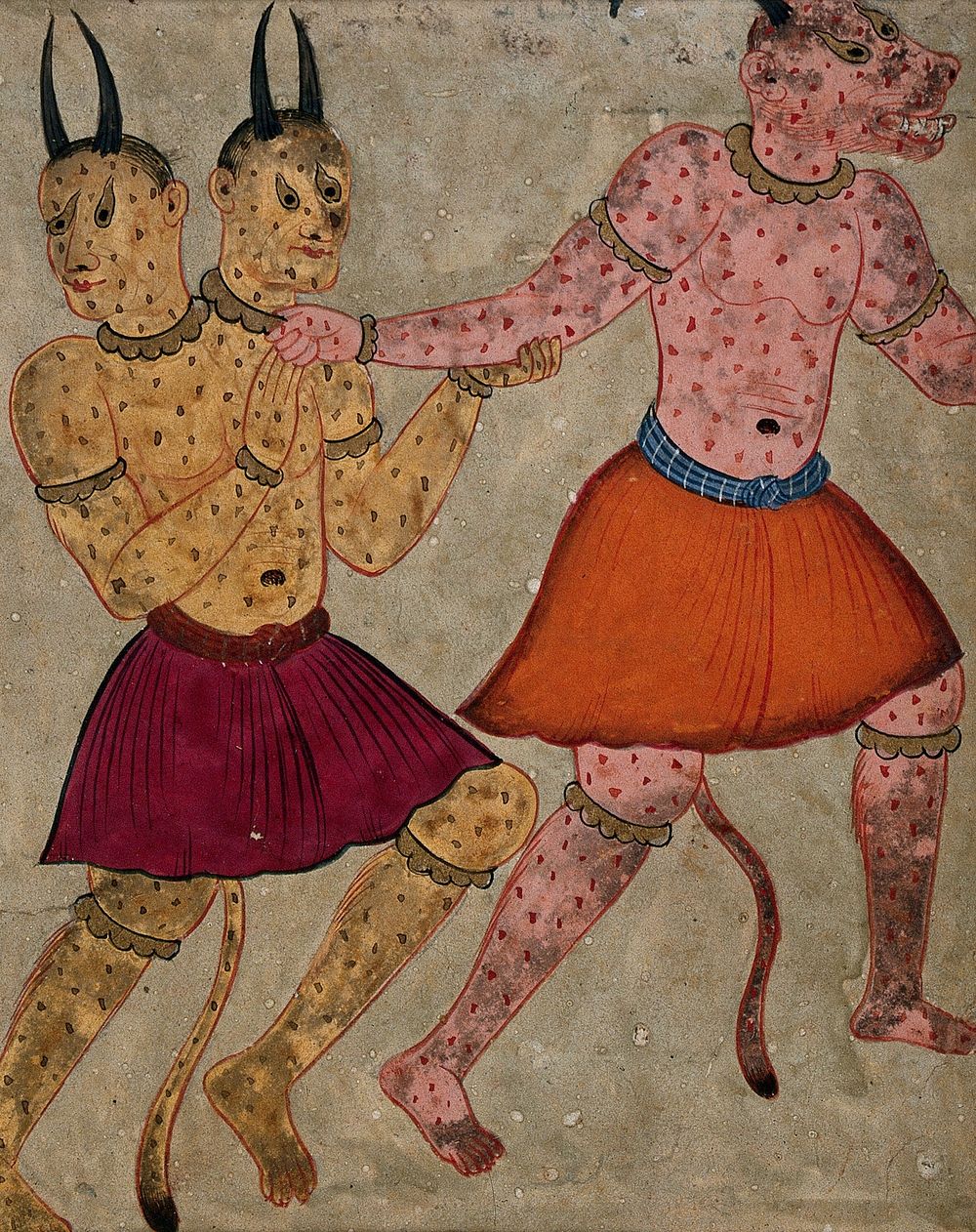 Two spotted divs, one of them with two heads. Gouache painting by a Persian artist, possibly Indian ca. 1650 .