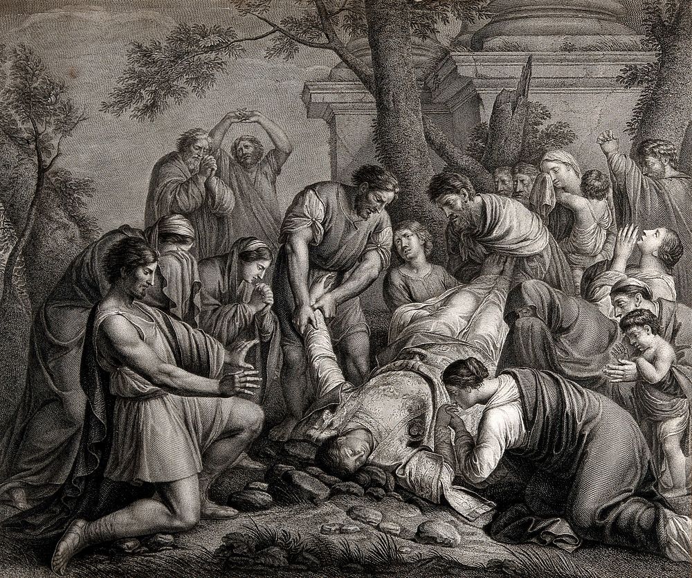 Martyrdom of Saint Stephen. Engraving by F.G. Aliamet, 1773, after E. Le Sueur.
