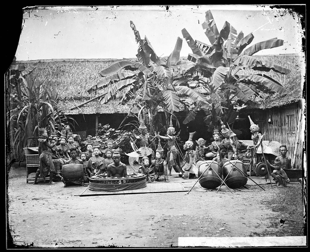 Siam (Thailand): a khon (masked dance drama) and lakhon (acting) troupe. Photograph by John Thomson, 1865.