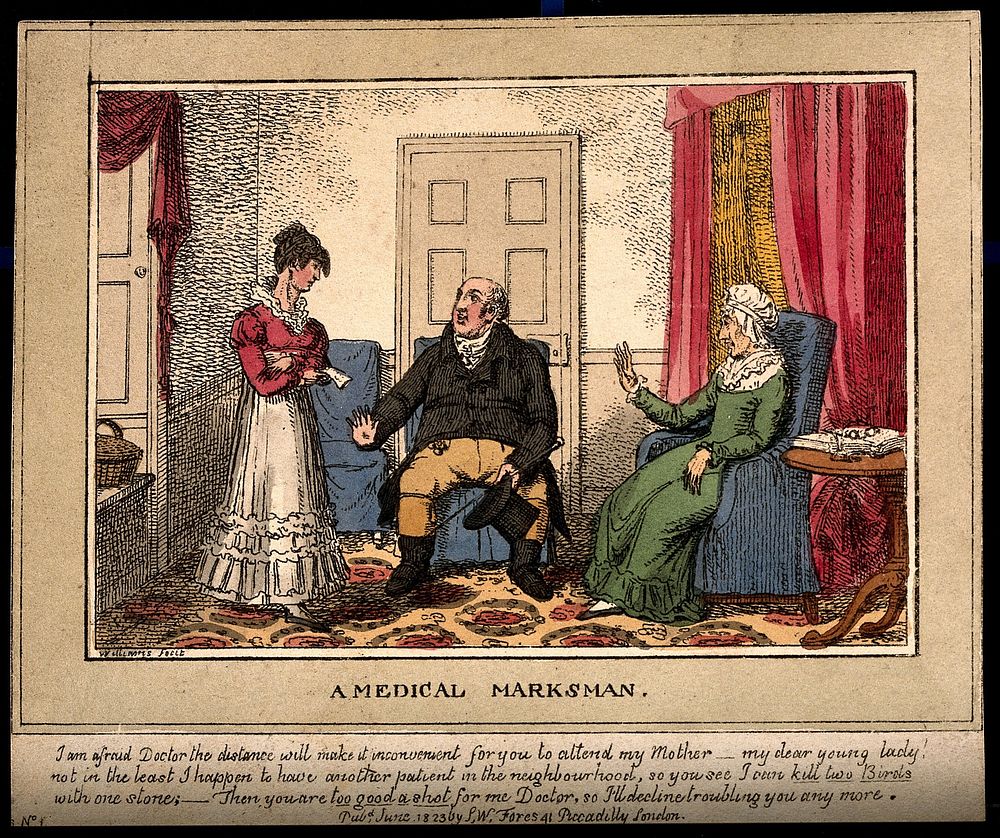 A misunderstanding between a doctor his patient and her daughter. Coloured etching by C. Williams, 1823.