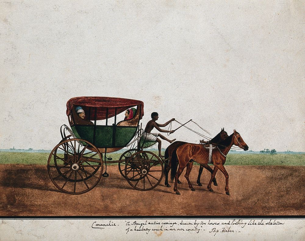 Four people travelling in a carriage drawn by two horses. Watercolour by an Indian artist.
