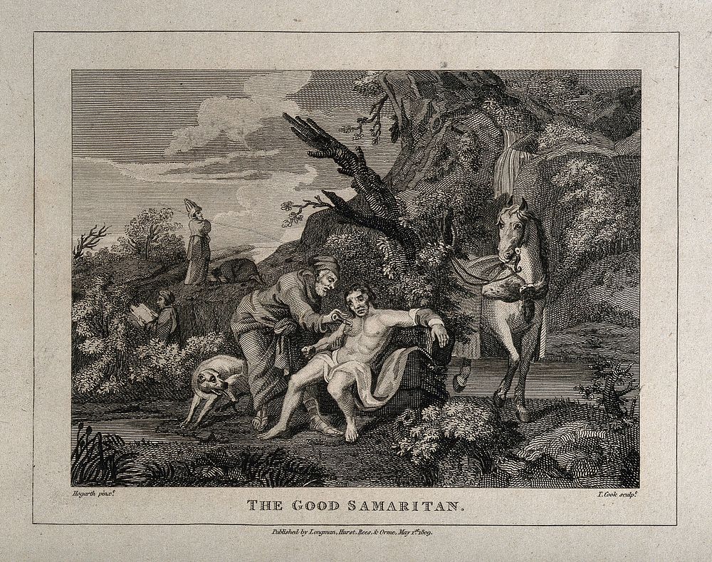 The good Samaritan tending to a wounded man while a priest and a Levite walk on by. Line engraving by T. Cook, 1809, after…