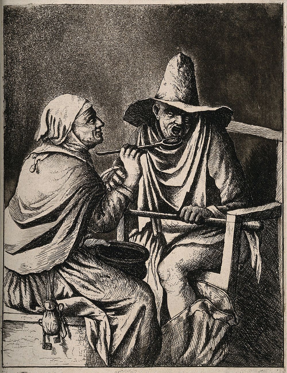 A woman spoon-feeding a man while he is on the toilet, perhaps as one would a child. Etching by D. Deuchar .