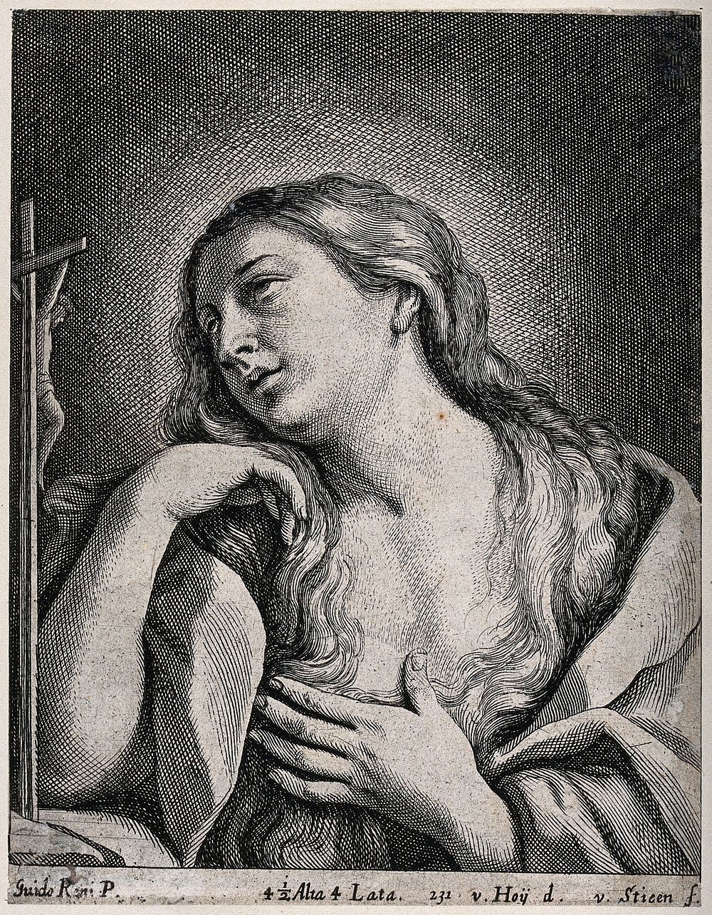 Saint Mary Magdalen. Engraving by F. van der Stieen after N. van Hoy after G. Reni.