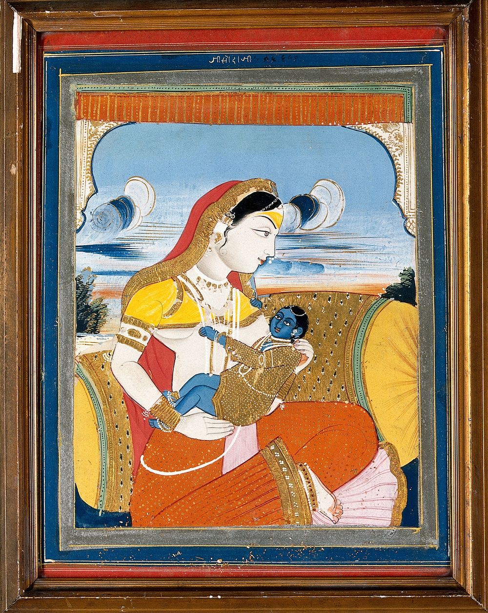 Yasoda breast-feeding the baby Krishna. Gouache.