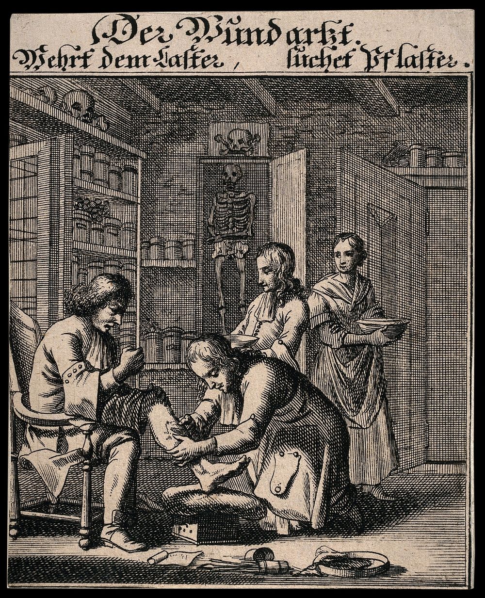 A surgeon treating an irate patient's wounded leg in his surgery assisted by two attendants. Engraving.