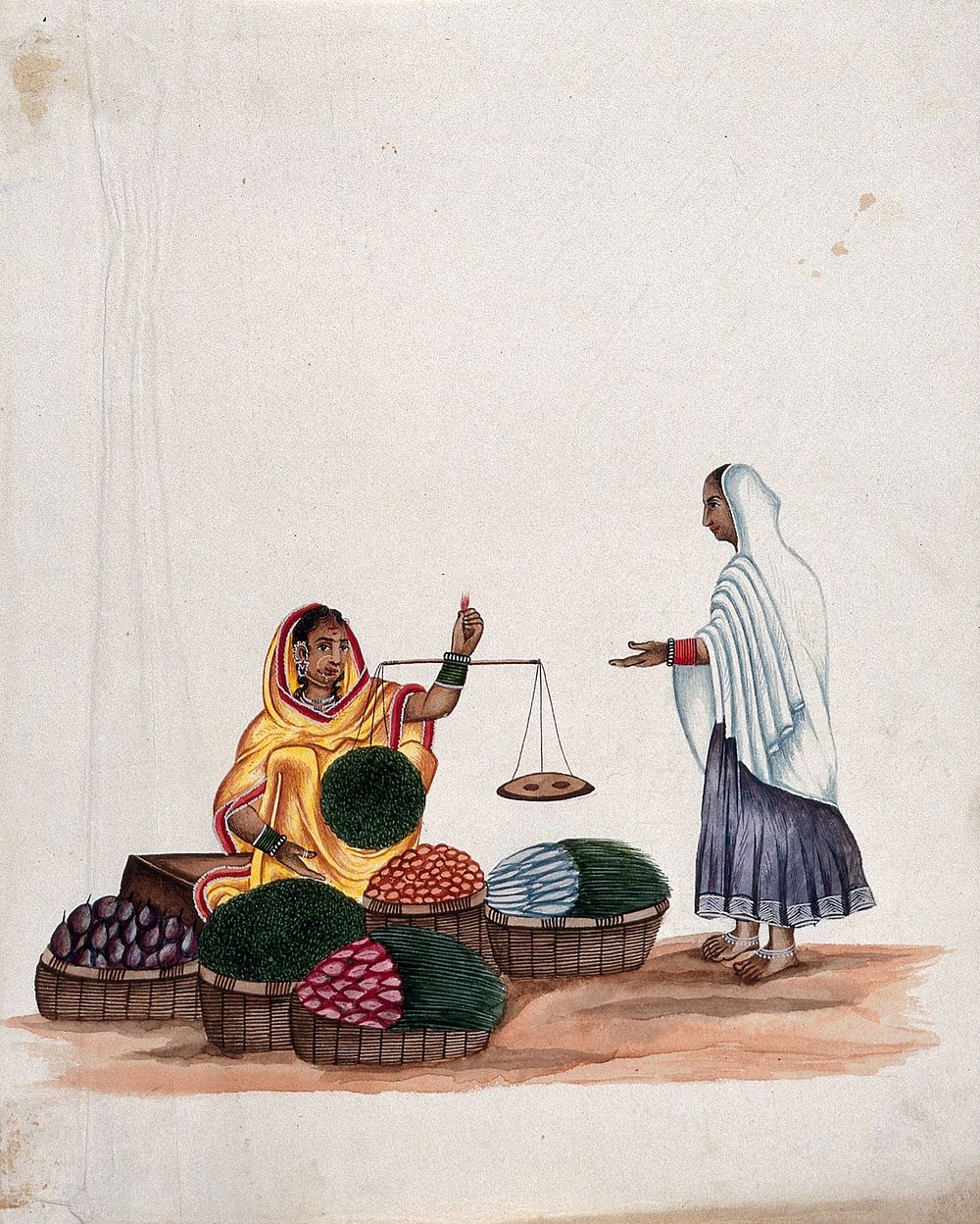 A woman weighing vegetables for a female customer. Watercolour by an Indian painter.