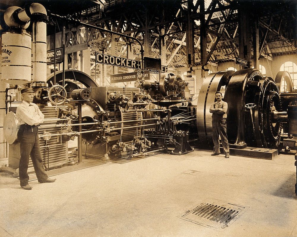 The 1904 World's Fair, St. Louis, Missouri: an engine manufactured by the Crocker-Wheeler company, with two attendants.…