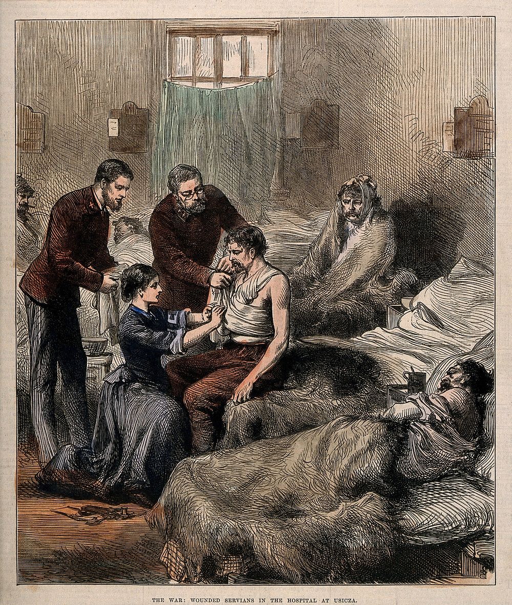 Franco-Prussian War: a nurse treating wounded servians in an Usicza hospital. Coloured wood engraving.