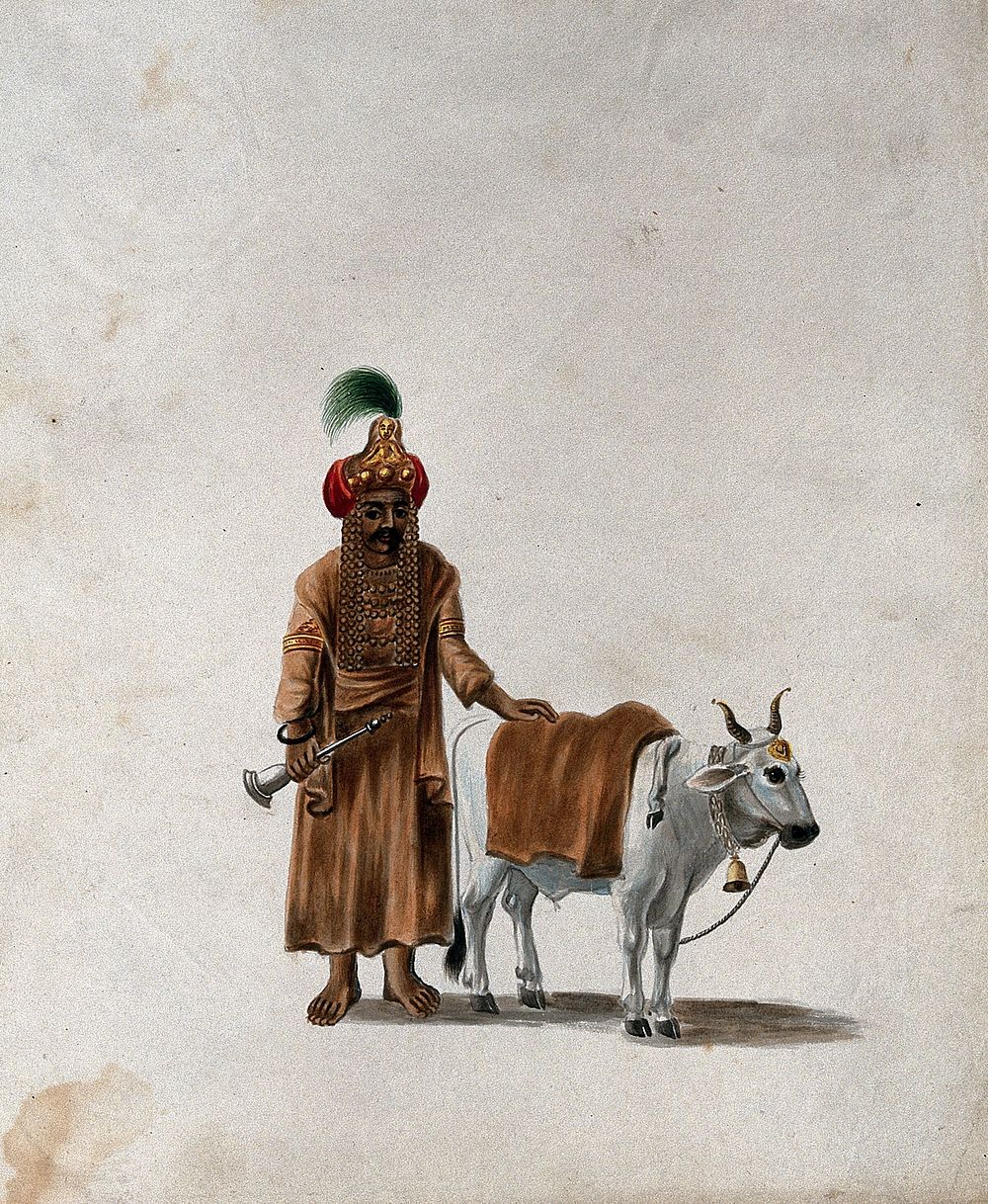 A man wearing a headgear with an image of a deity , standing with his cow. Gouache painting by an Indian artist.