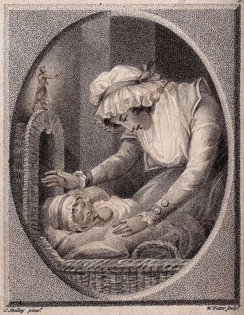 A young mother looks over her baby as it lies sleeping in its crib. Stipple engraving, 1789, by W. Nutter after S. Shelley.
