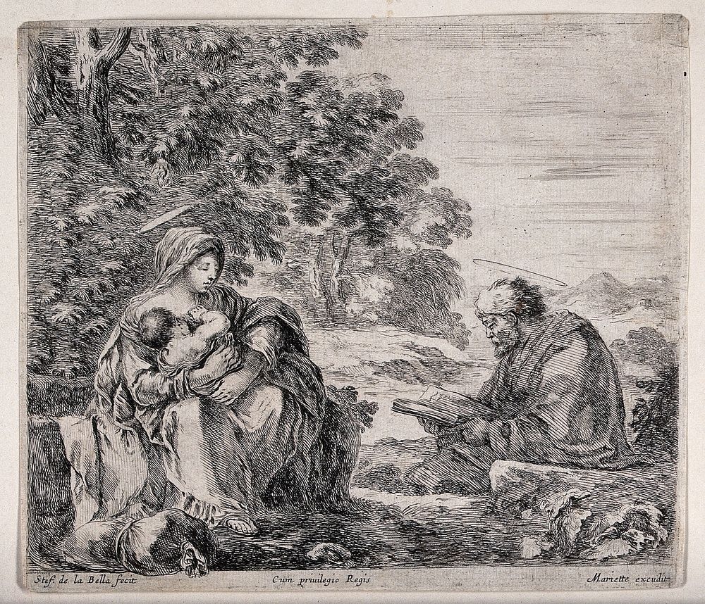 Joseph reads from the Bible while the Virgin Mary breast feeds Jesus. Etching by S. della Bella.