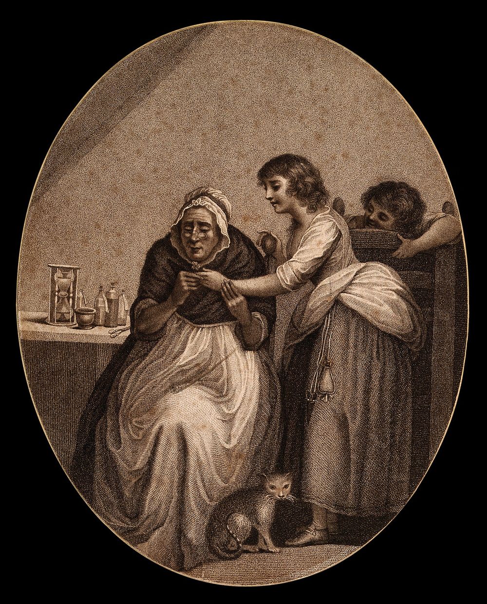 A woman doctor examining a girl's finger. Engraving after J. Northcote.