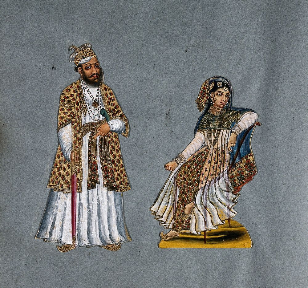 A nawab or Indian nobleman and his wife. Gouache painting.