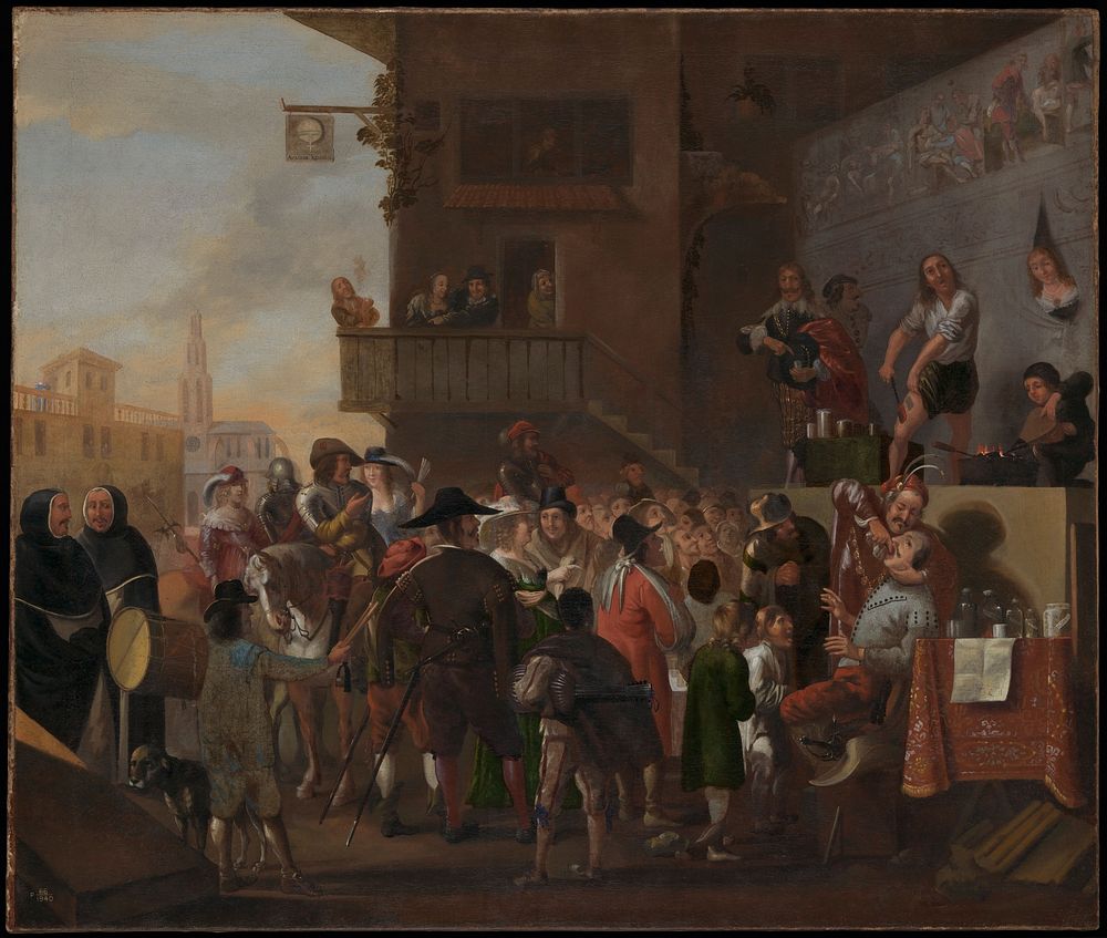 A crowd watching a troupe of quack-doctors on a stage outside an inn. Oil painting by a Flemish painter, ca. 1640.