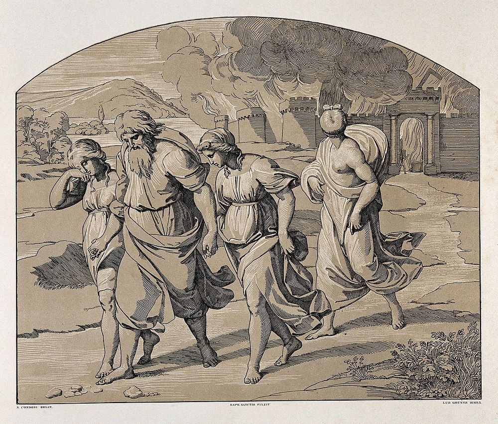 Lot, his daughters and his wife leaving Sodom. Colour lithograph by L. Gruner after N. Consoni after Raphael.