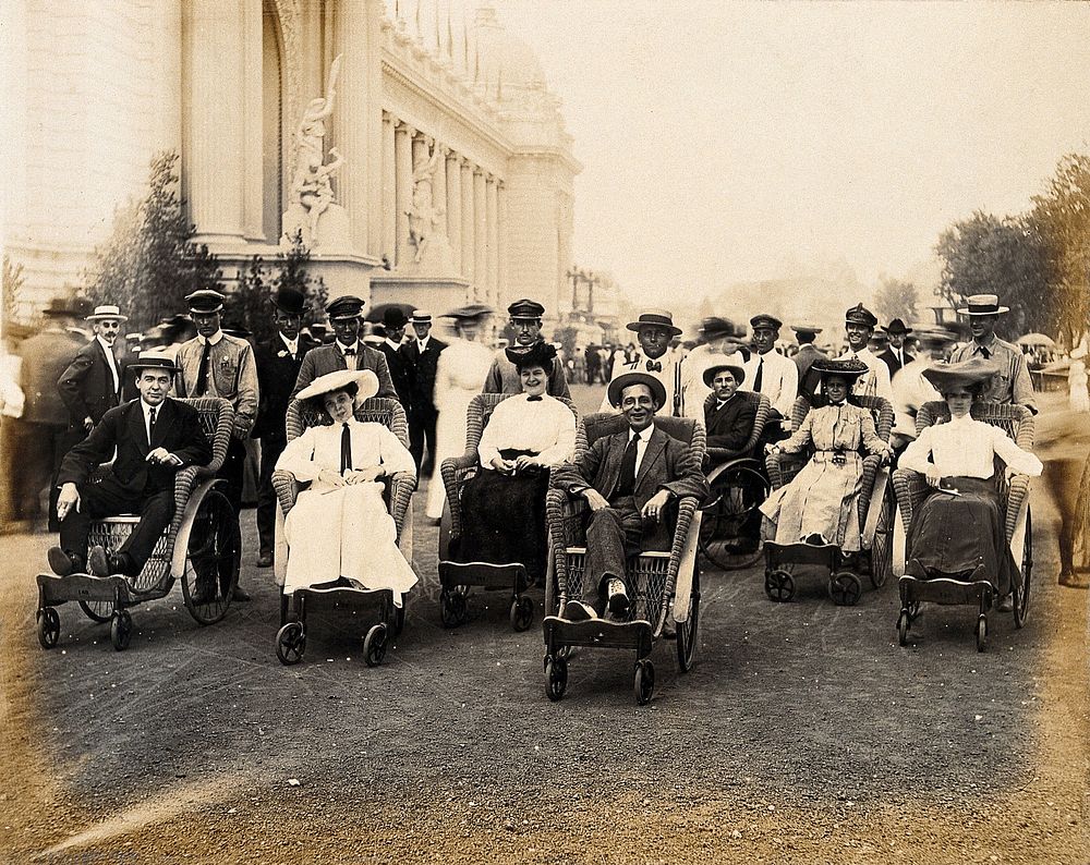 The 1904 World's Fair, St. Louis, Missouri: visitors in hired wheelchairs, touring the fair pushed by guides. Photograph…