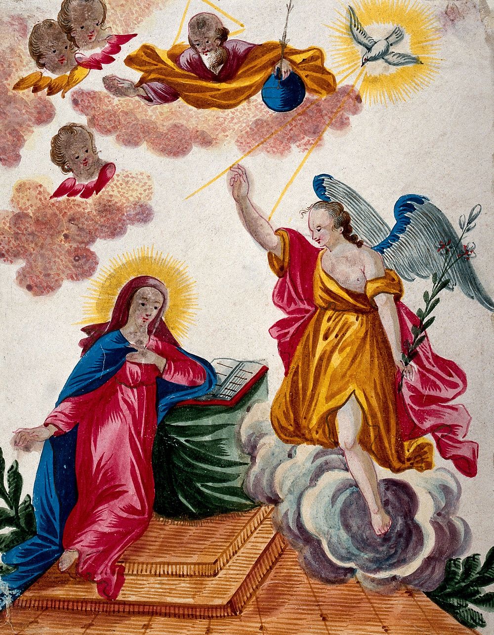 The angel announces to the Virgin that she will give birth to Christ. Watercolour.