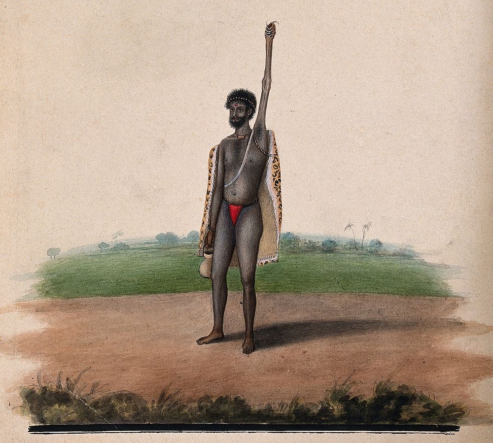 A Hindu ascetic or holy man: standing, with withered left arm raised over his head, and overgrown fingernails. Watercolour…