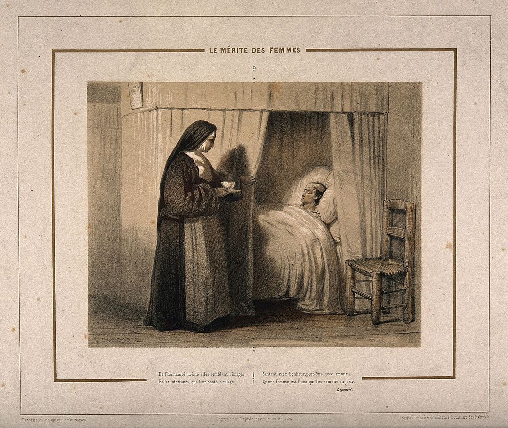 A nun brings some refreshment to a feverish patient, with a poem by Legouvé. Coloured lithograph by J.P. Moynet, 1846.
