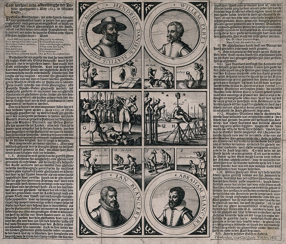 The portraits of Hendrick Daniels Slatius, Willem Perty and Jan and Abraham Blancaert surrounded by scenes of their violent…