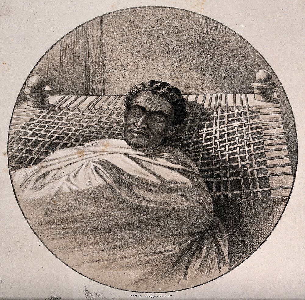 Theodore (Téwodros) II, Emperor of Ethiopia of Ethiopia, on his death bed. Lithograph by James Ferguson after C.F. James.