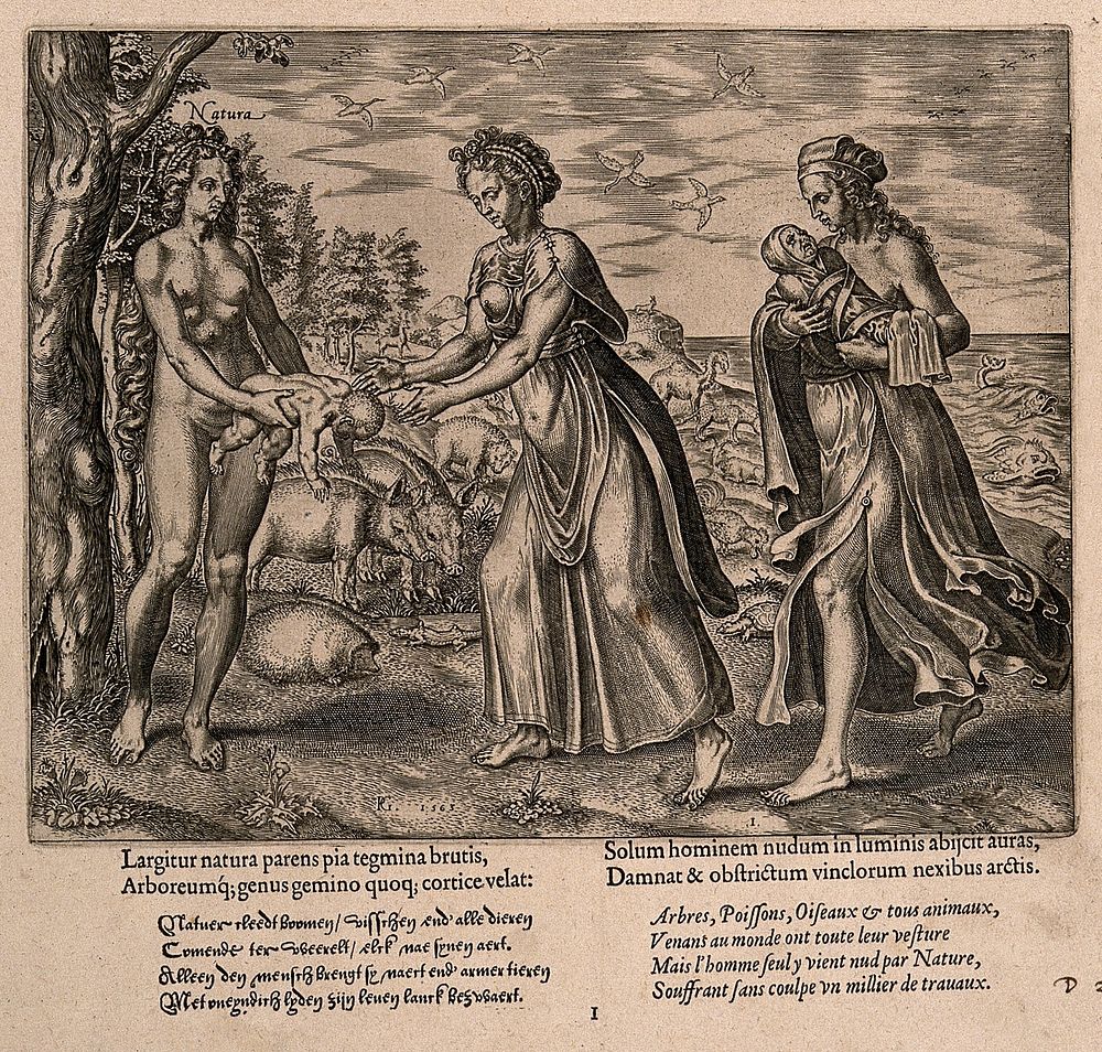 A woman representing Nature gives a baby to a mother; representing man's vulnerable and naked birth. Engraving by P. Galle…