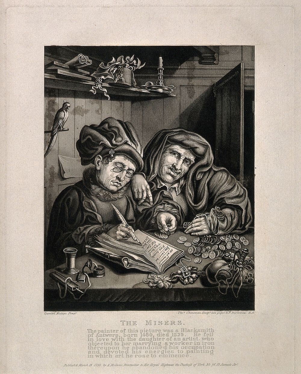 Two money-lenders counting their money and keeping their accounts, one wears spectacles. Stipple engraving by T. Cheesman…
