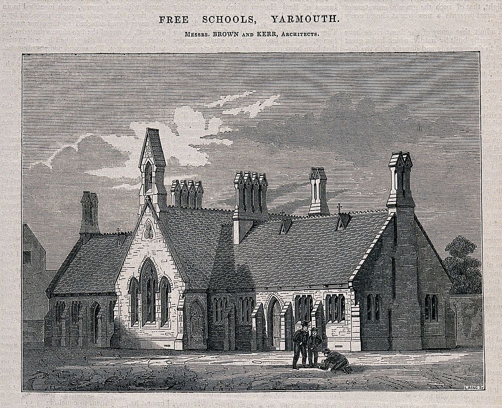 Free Schools, Great Yarmouth, Norfolk. Wood engraving by C.D. Laing, 1848.