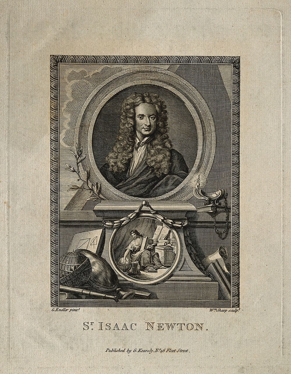 Sir Isaac Newton. Line engraving by W. Sharp after Sir G. Kneller, 1702.
