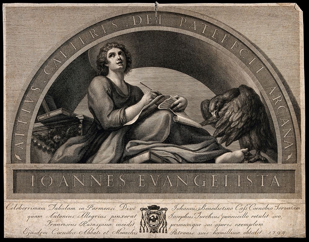 Saint John the Evangelist. Line engraving by F. Rosaspina, 1794, after J. Turchi after A. Allegri, il Correggio, ca. 1520.