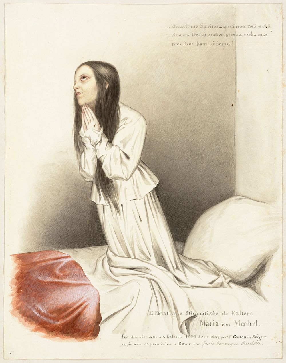 Maria von Moehrl, a girl with stigmata on her hands. Watercolour by L. Giuditti after L.G. de Ségur, 1846.